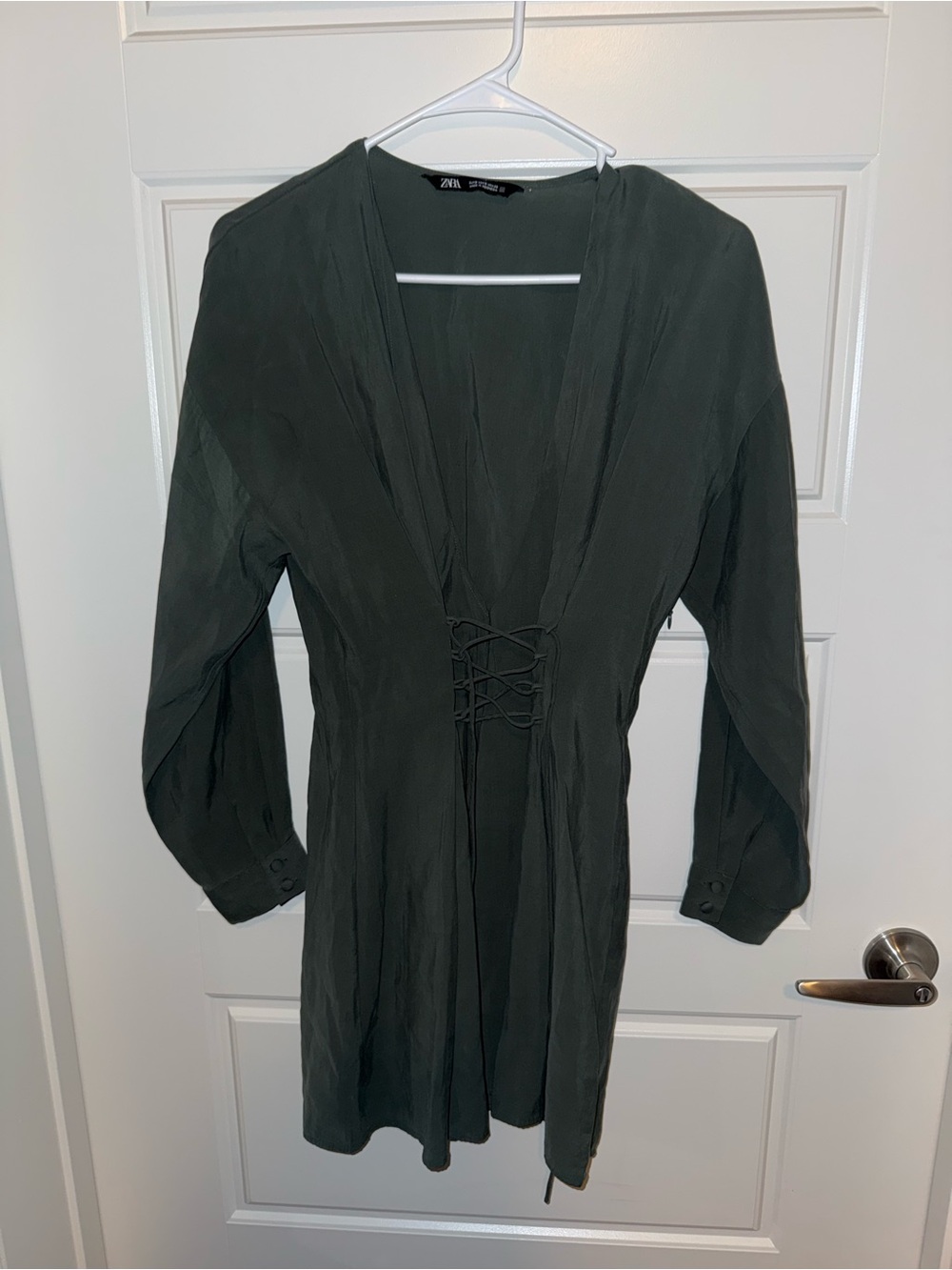 Zara Olive Green Lace-Up Long Sleeve Dress